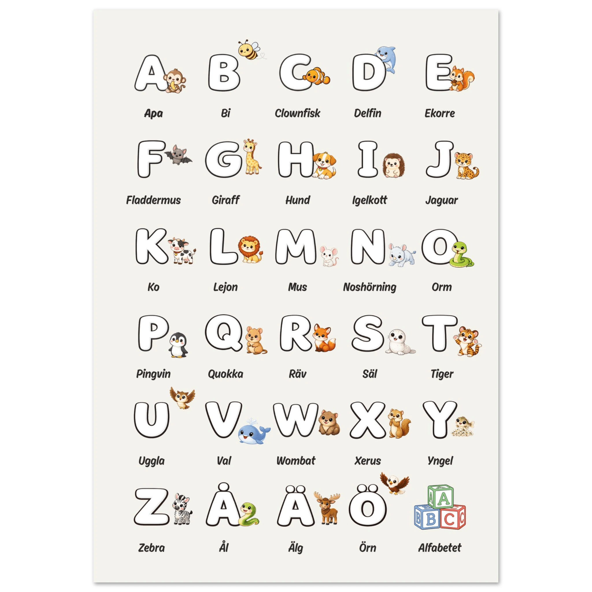 Bokstavsposter med djur - Beige poster