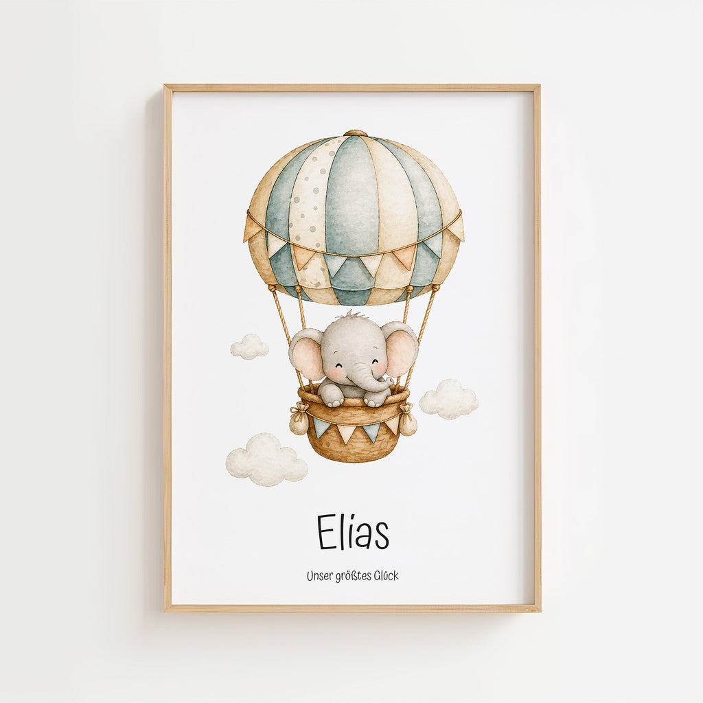 Elefant i luftballong med namn poster