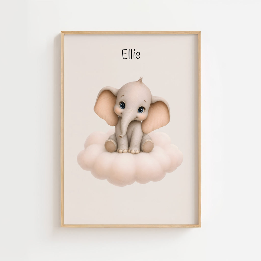 Elefant på moln med namn poster
