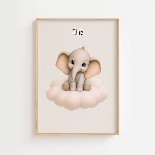 Elefant på moln med namn poster