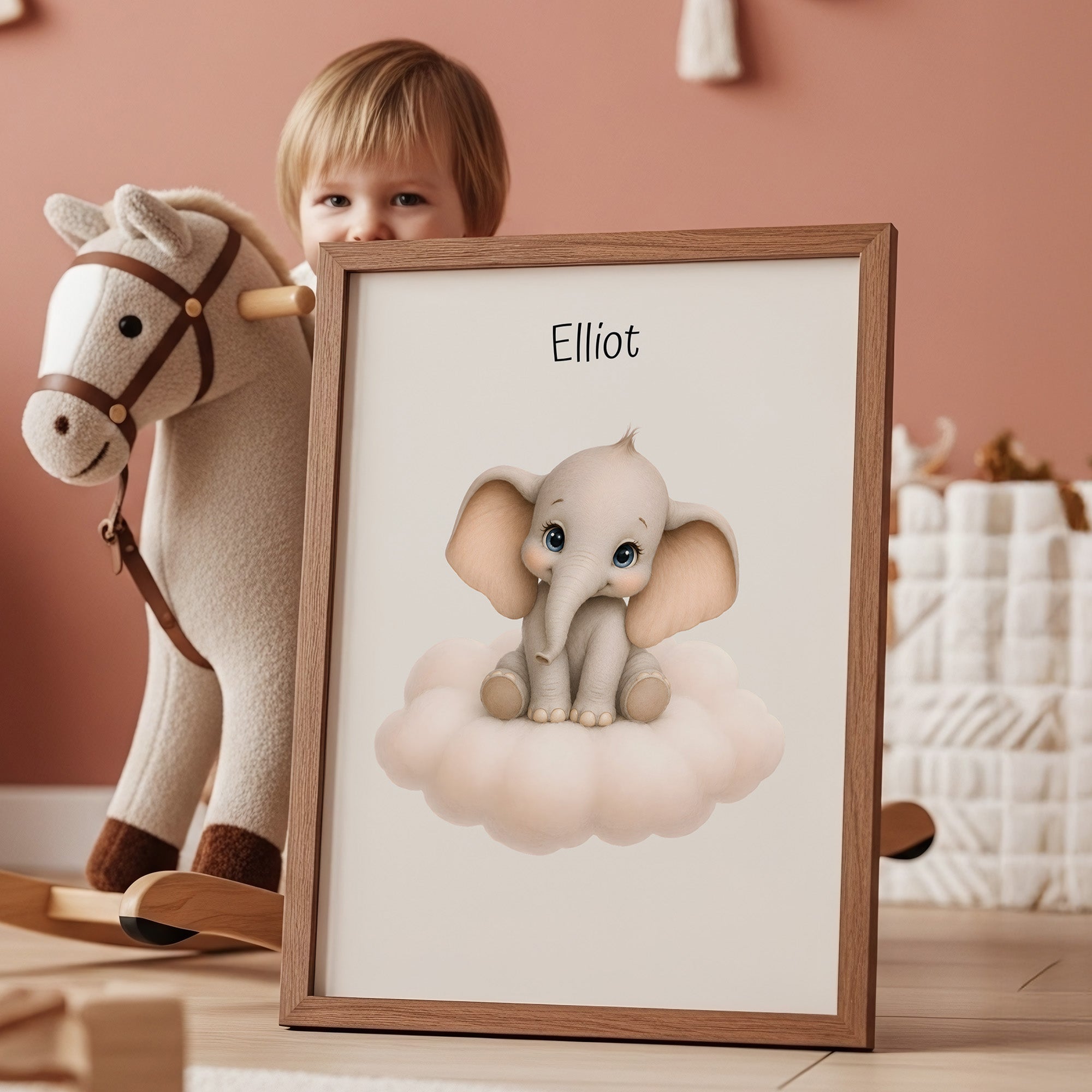 Elefant på moln med namn poster