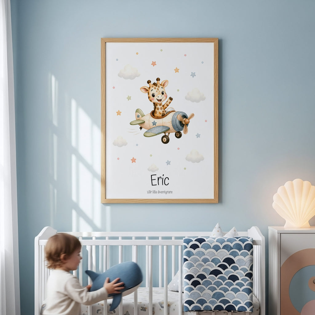 Giraff i flygplan med namn poster