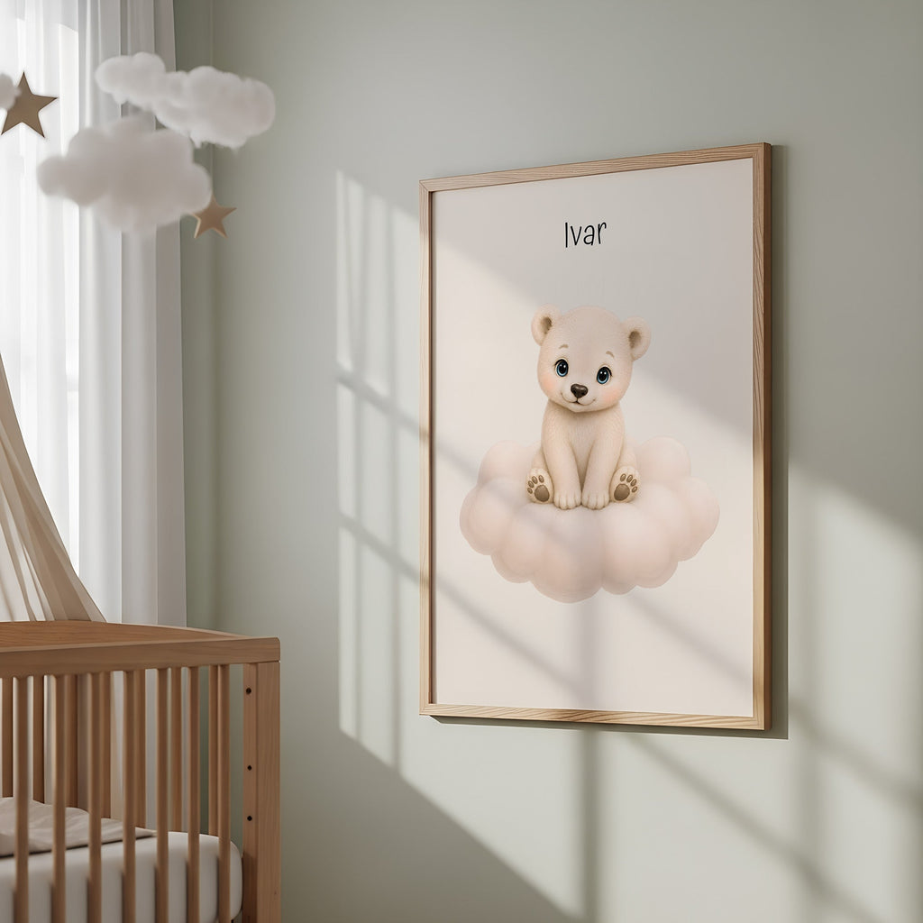 Isbjörn på moln med namn poster