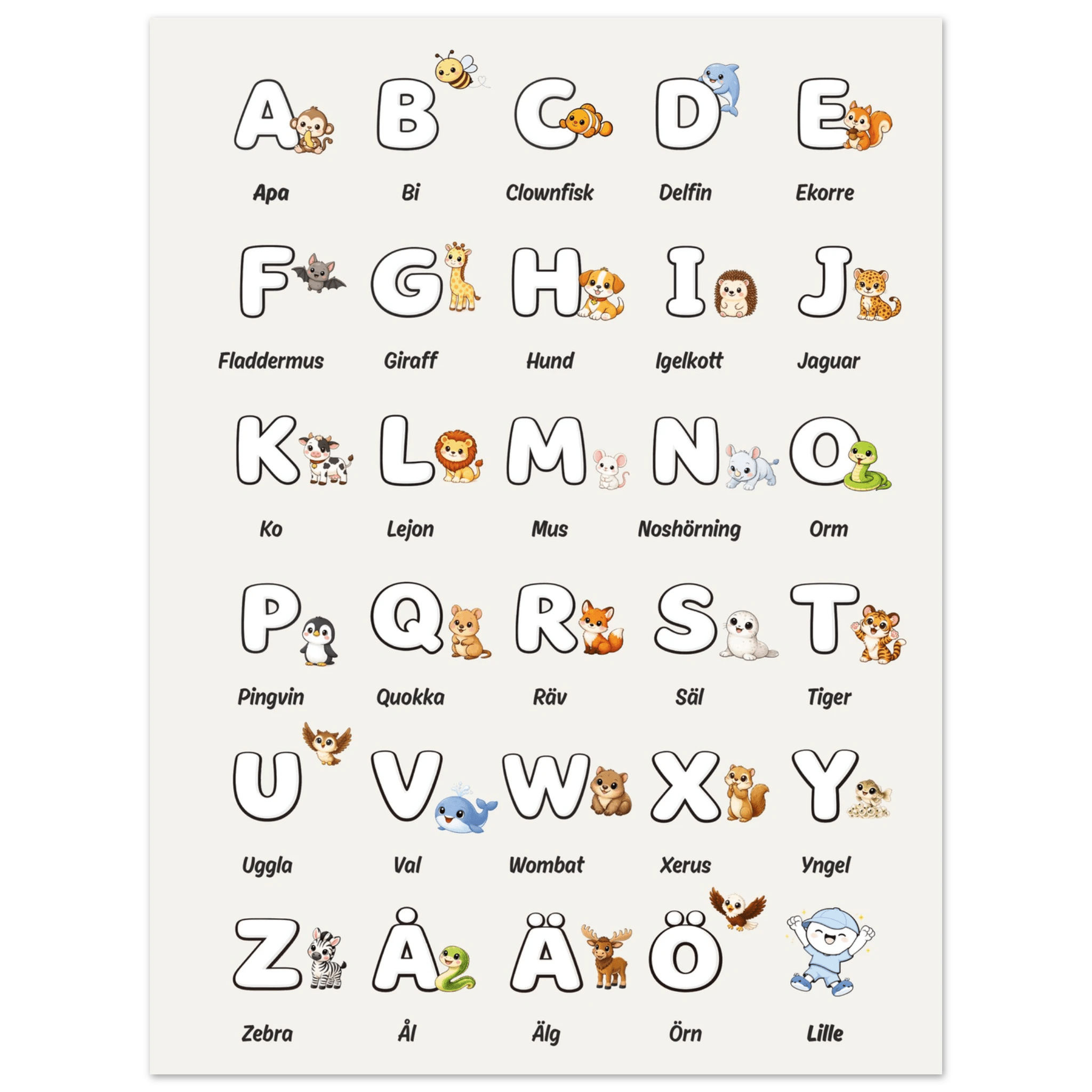 Lilles bokstavsposter med djur - Beige poster