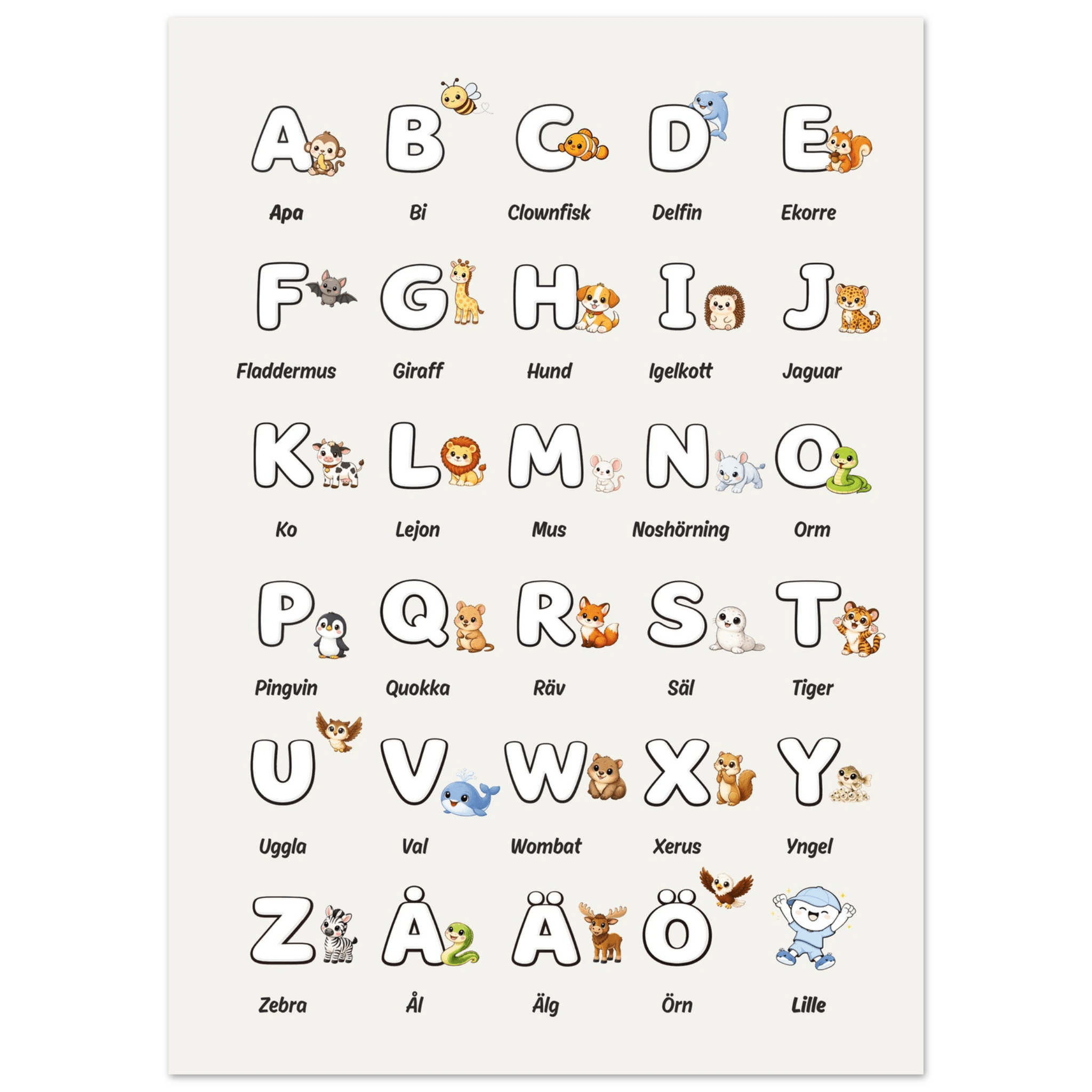 Lilles bokstavsposter med djur - Beige poster