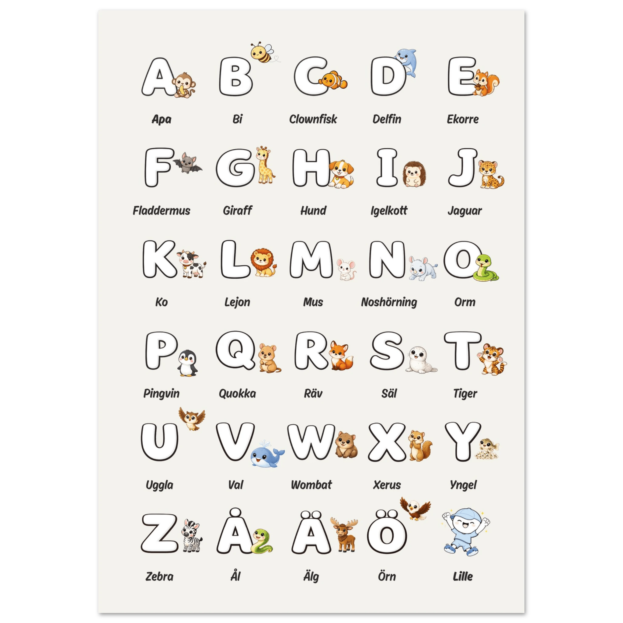 Lilles bokstavsposter med djur - Beige poster