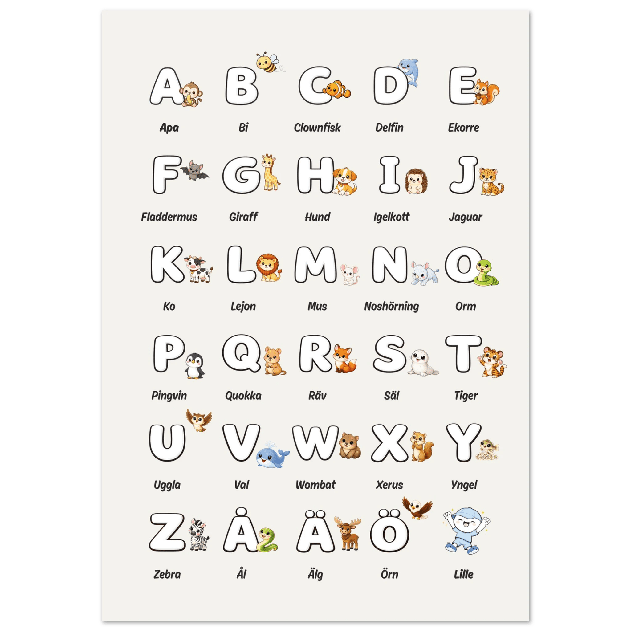 Lilles bokstavsposter med djur - Beige poster