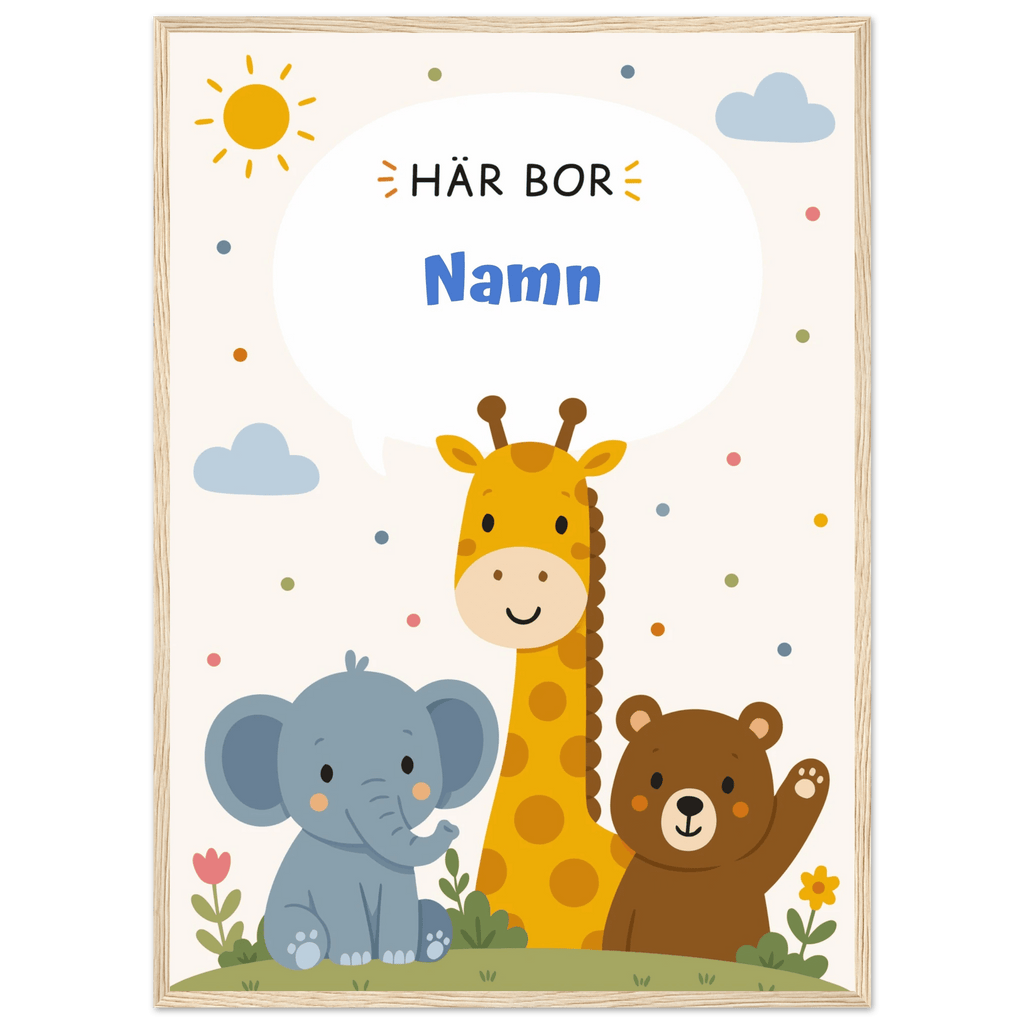 Personlig namnposter med djur – Här bor med blå text poster