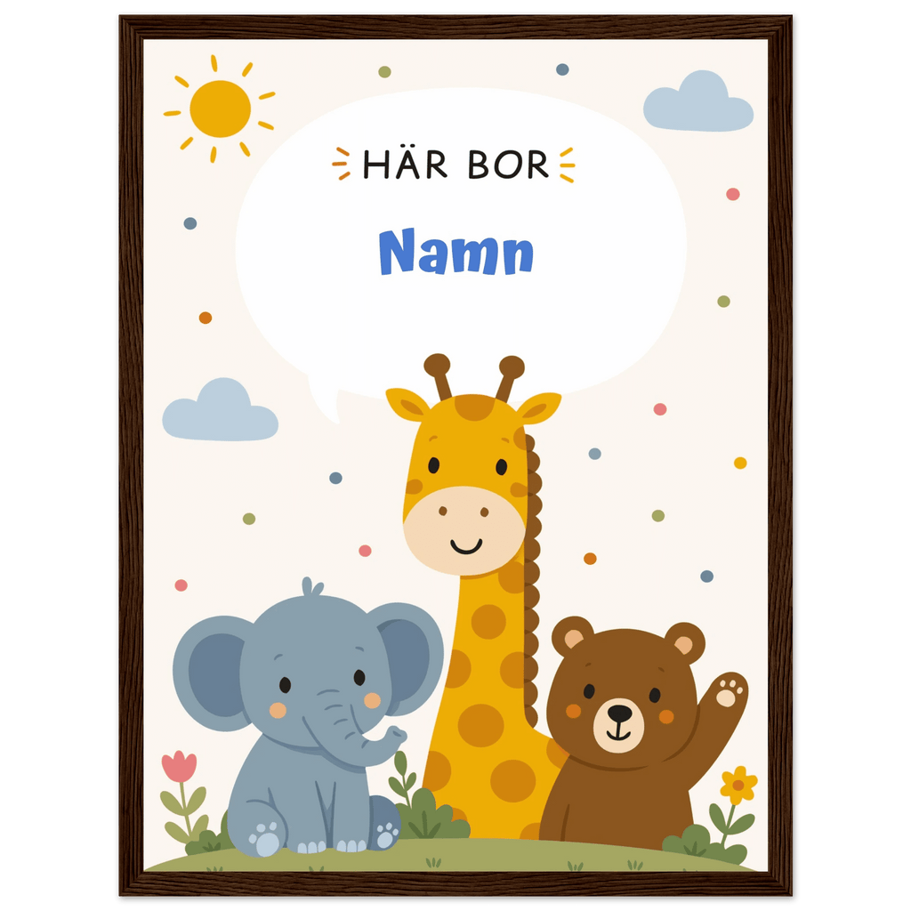 Personlig namnposter med djur – Här bor med blå text poster