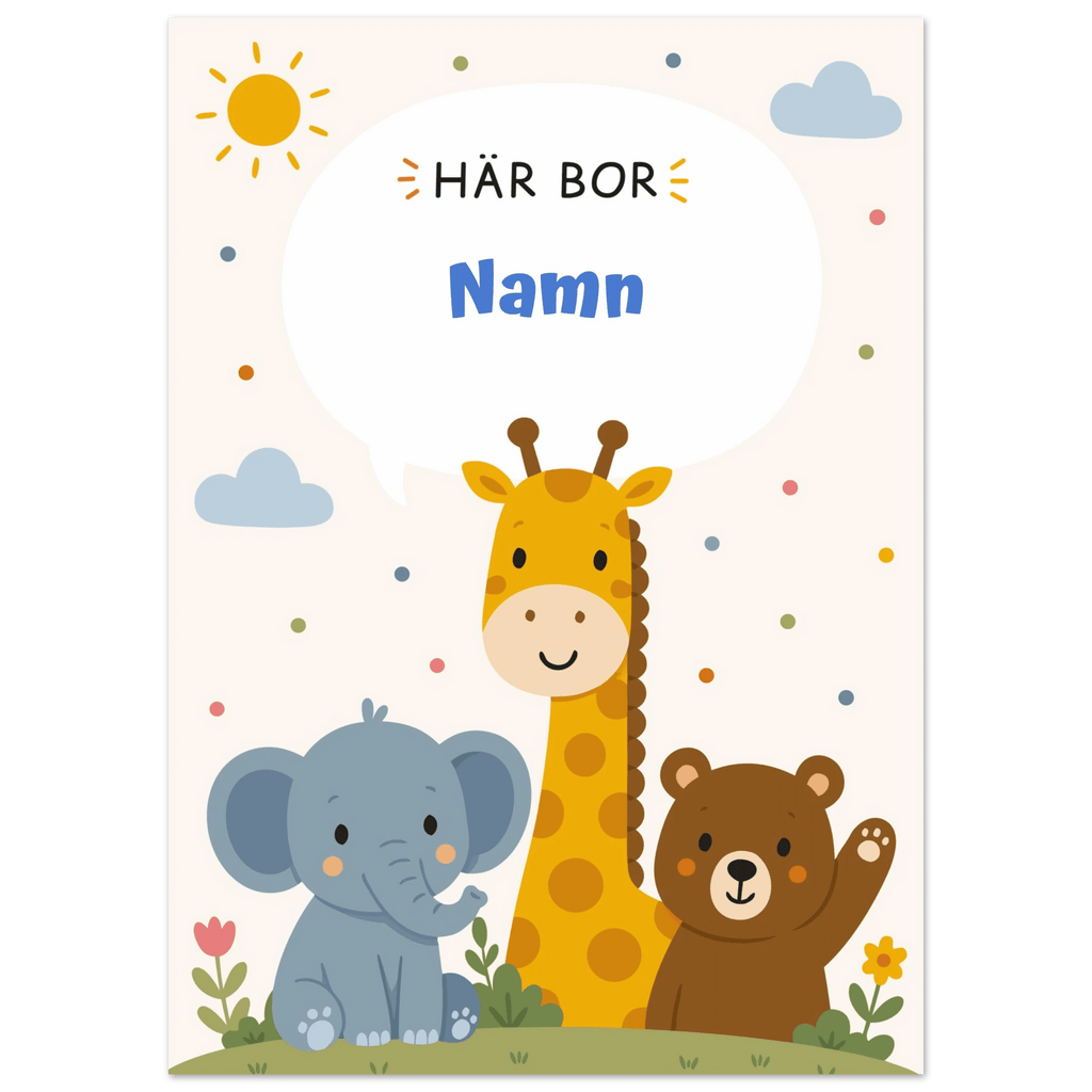 Personlig namnposter med djur – Här bor med blå text poster
