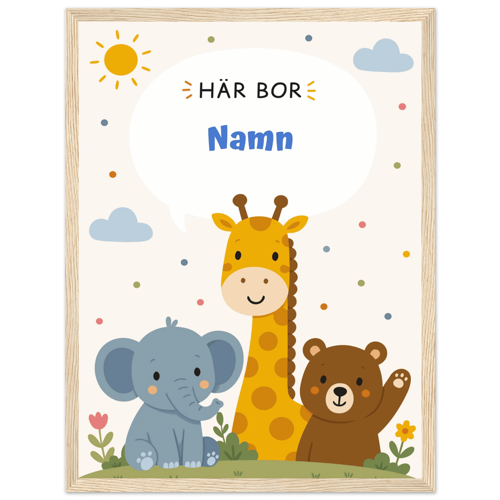 Personlig namnposter med djur – Här bor med blå text poster