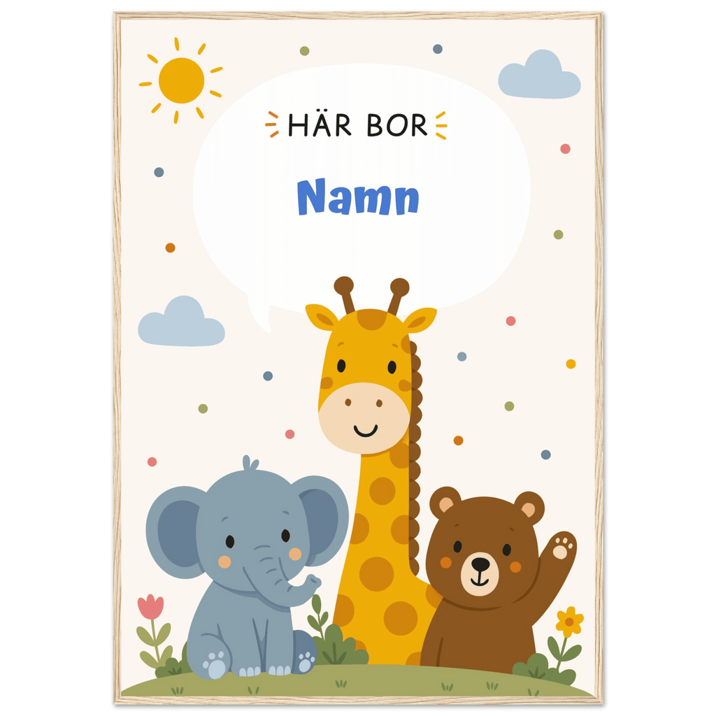 Personlig namnposter med djur – Här bor med blå text poster
