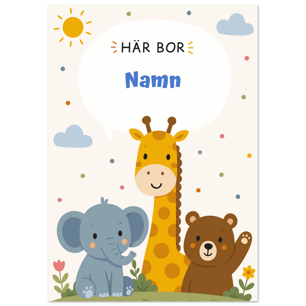 Personlig namnposter med djur – Här bor med blå text poster