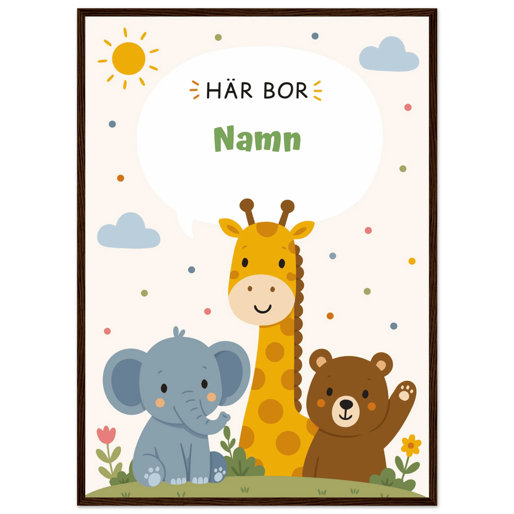 Personlig namnposter med djur – Här bor med grön text poster
