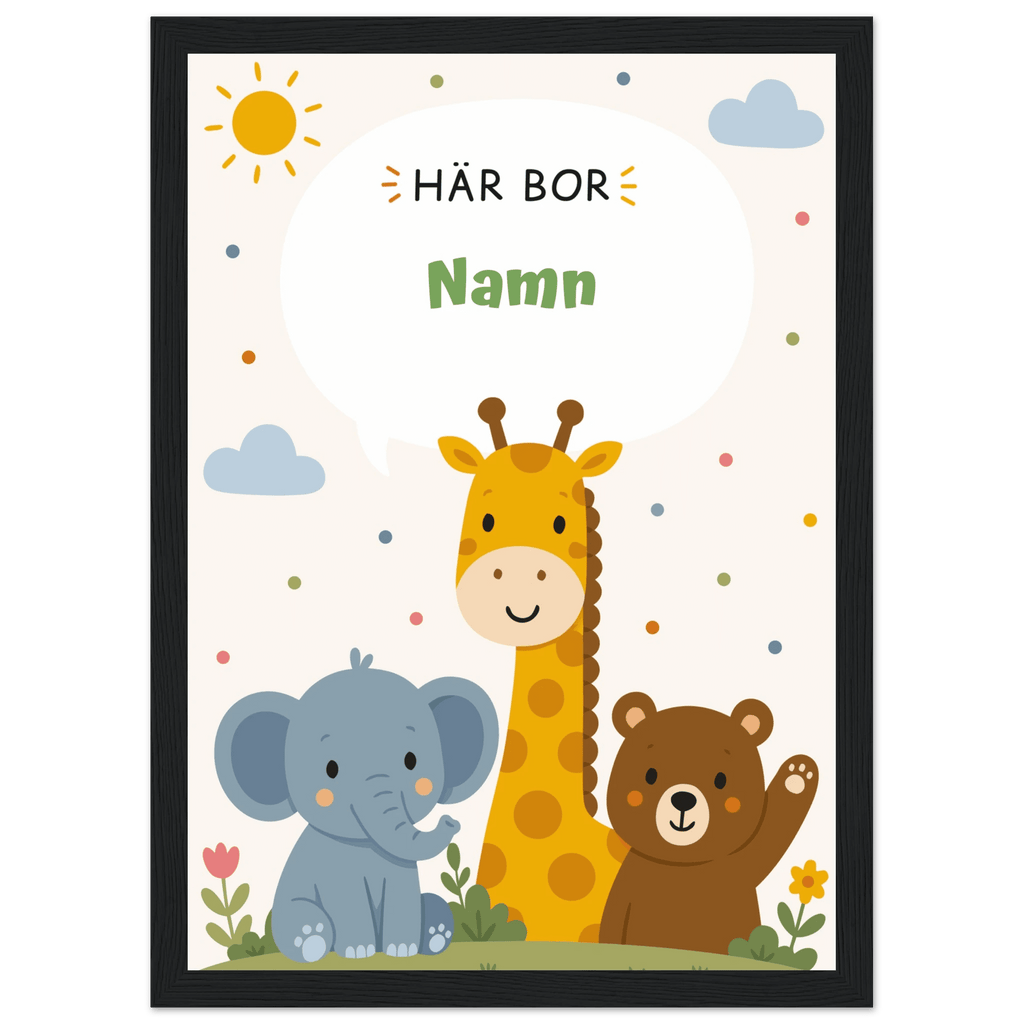 Personlig namnposter med djur – Här bor med grön text poster