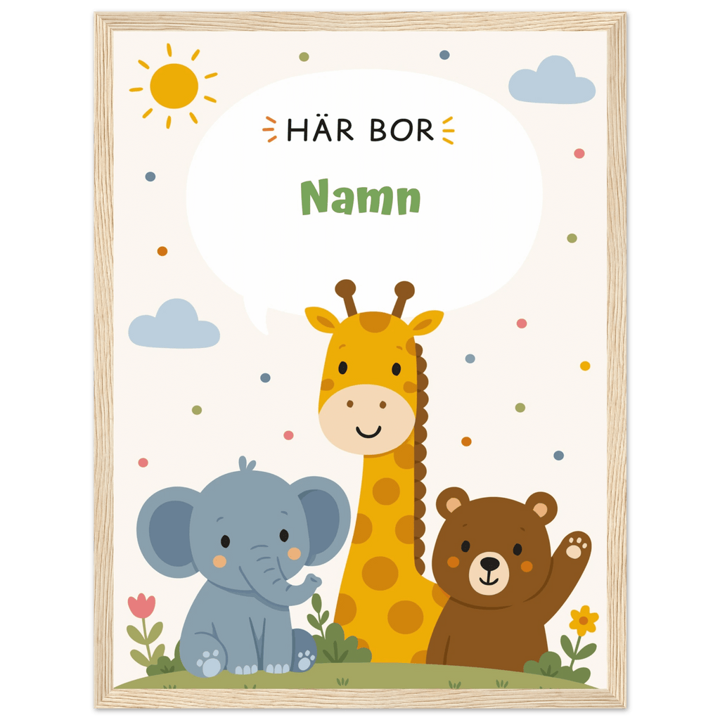 Personlig namnposter med djur – Här bor med grön text poster