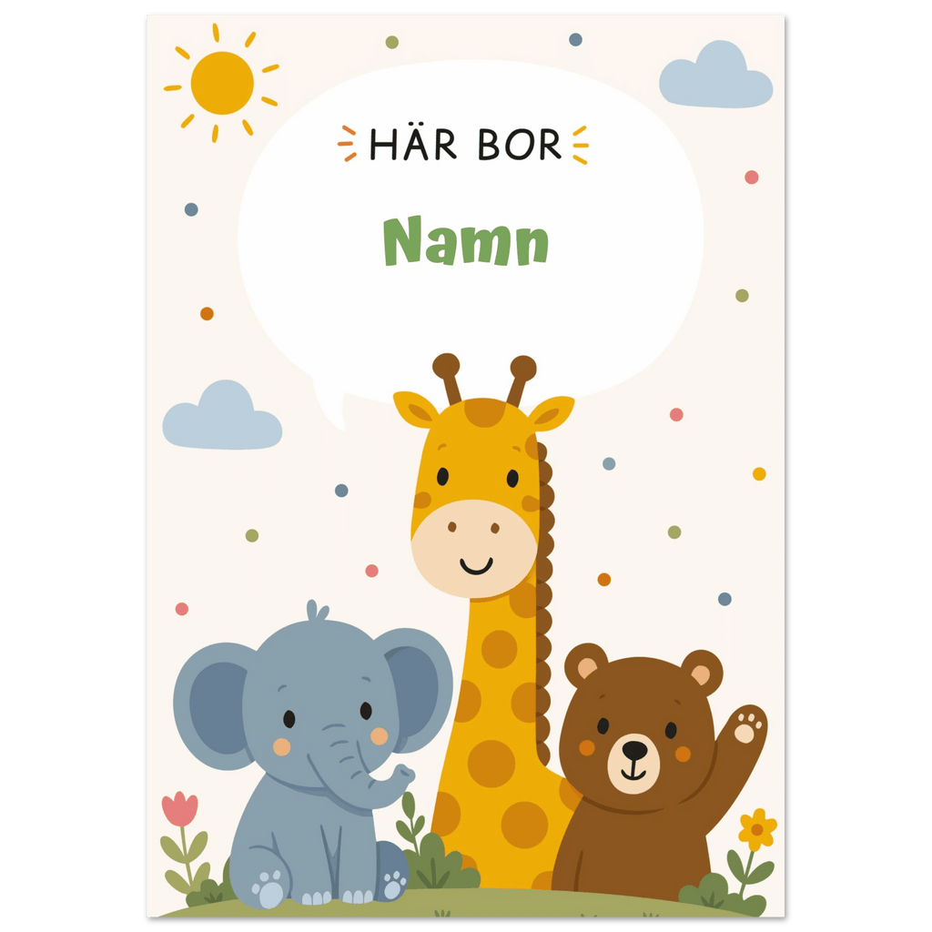 Personlig namnposter med djur – Här bor med grön text poster