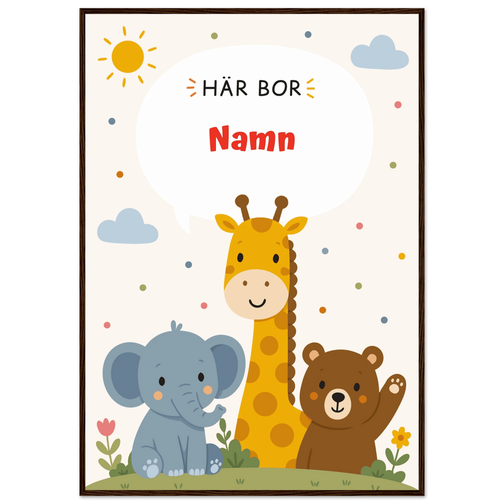 Personlig namnposter med djur – Här bor med röd text poster