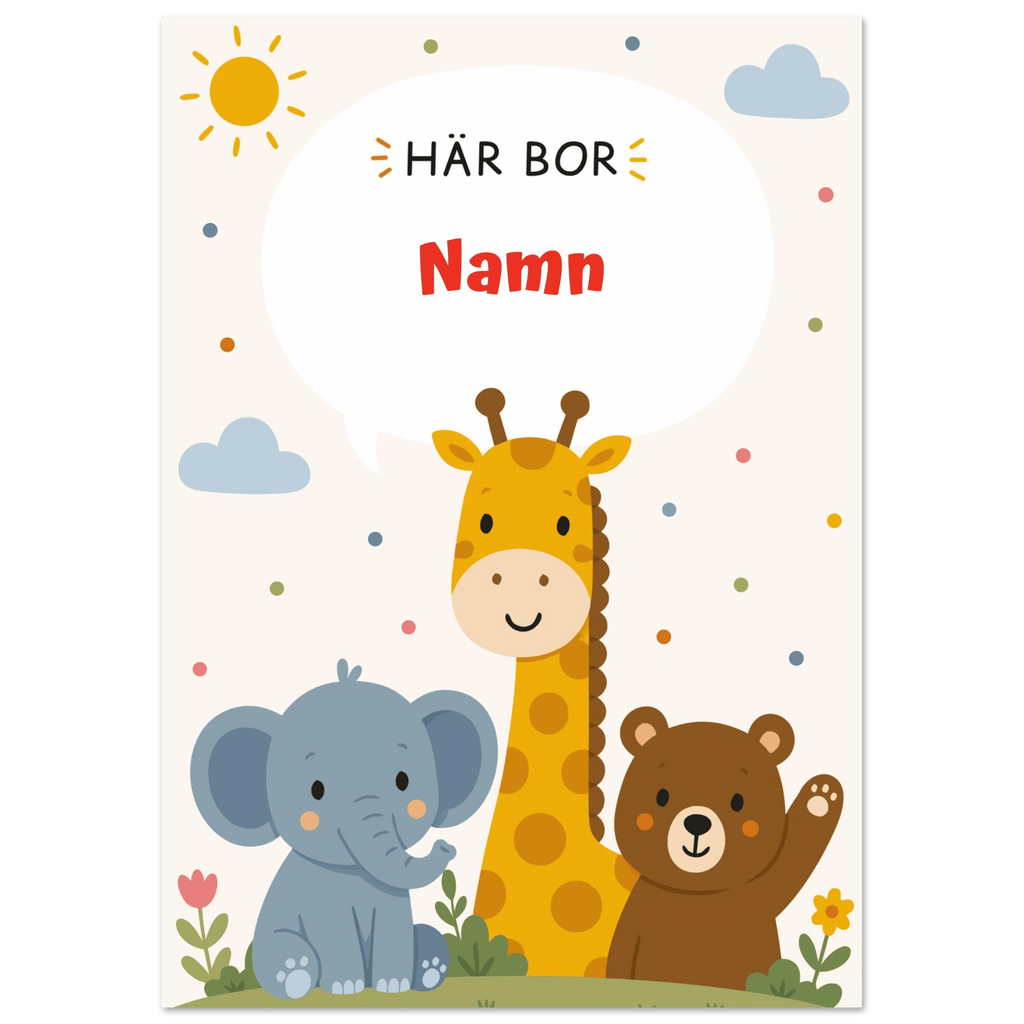 Personlig namnposter med djur – Här bor med röd text poster