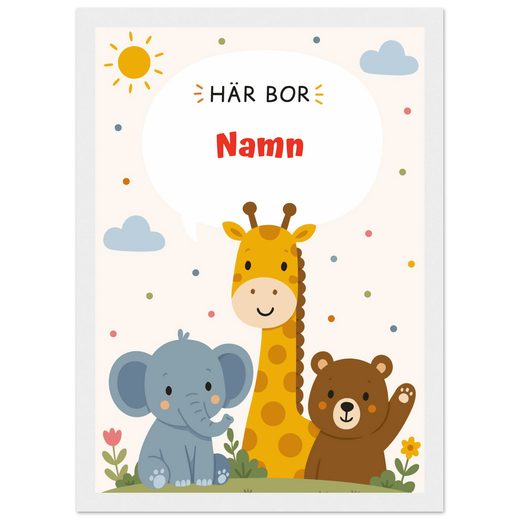 Personlig namnposter med djur – Här bor med röd text poster