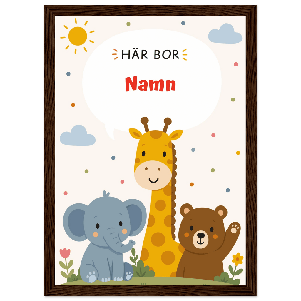 Personlig namnposter med djur – Här bor med röd text poster