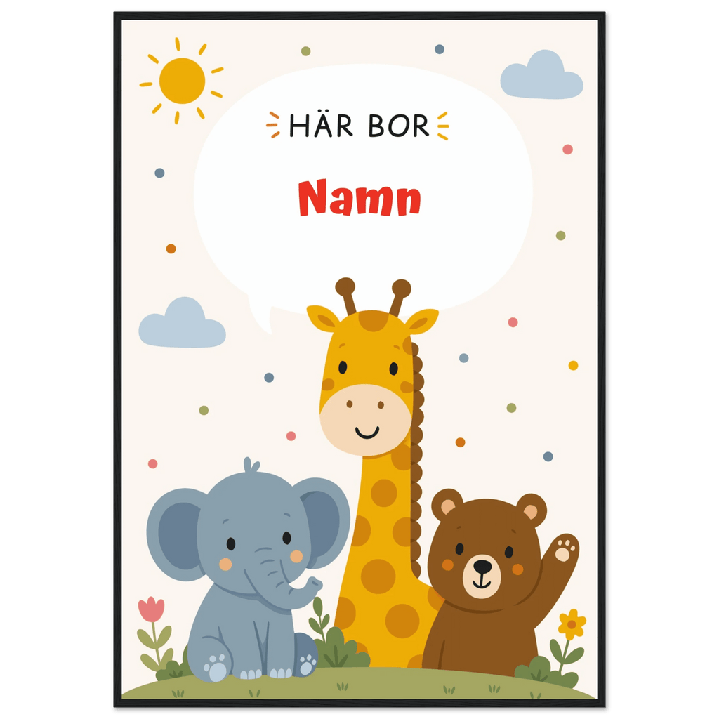 Personlig namnposter med djur – Här bor med röd text poster