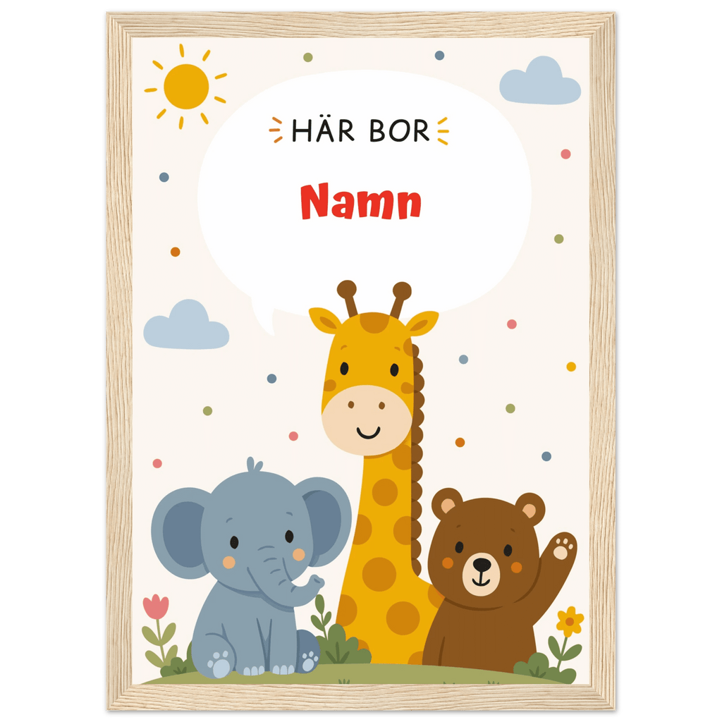 Personlig namnposter med djur – Här bor med röd text poster