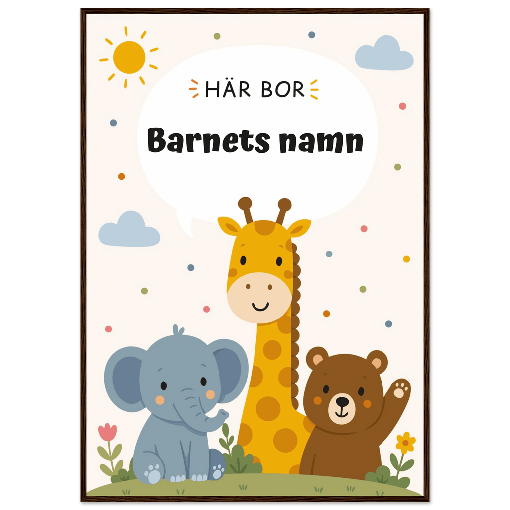 Personlig namnposter med djur – Här bor med svart text poster