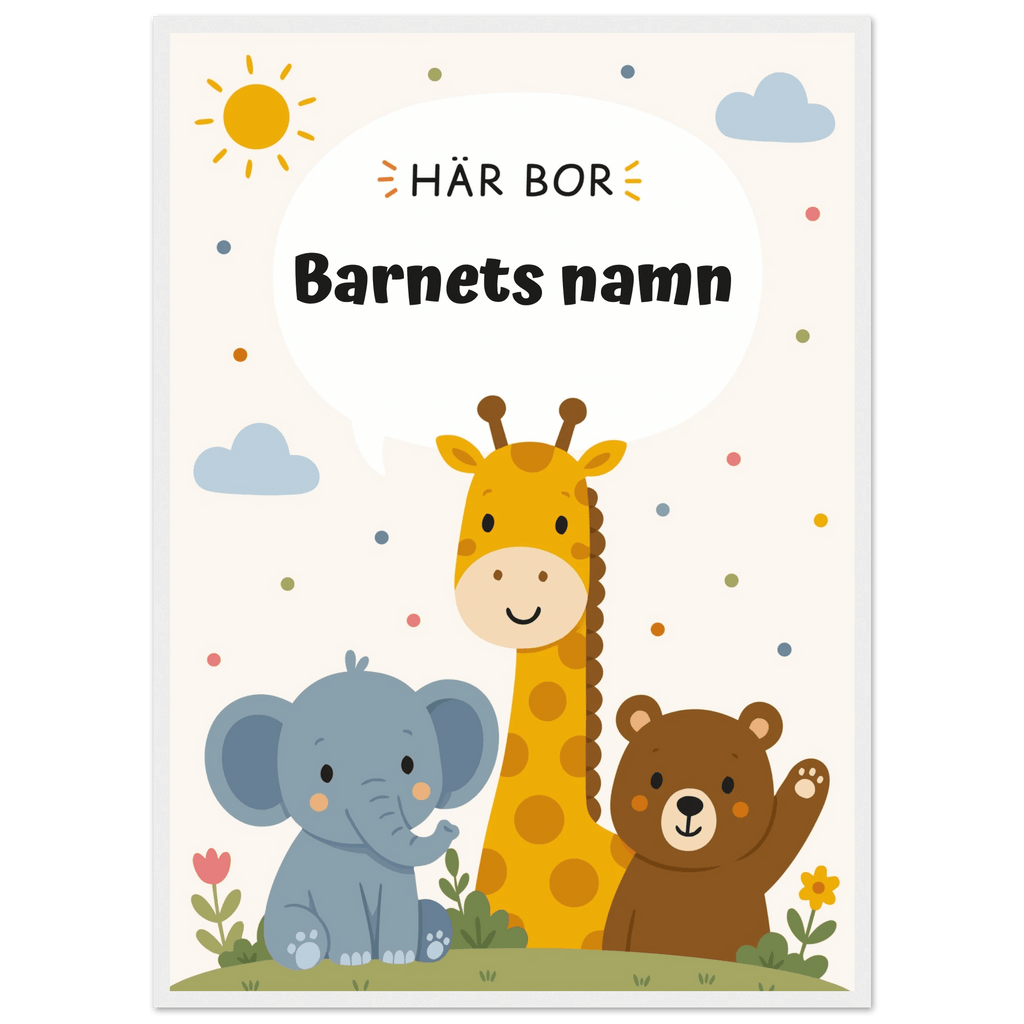 Personlig namnposter med djur – Här bor med svart text poster