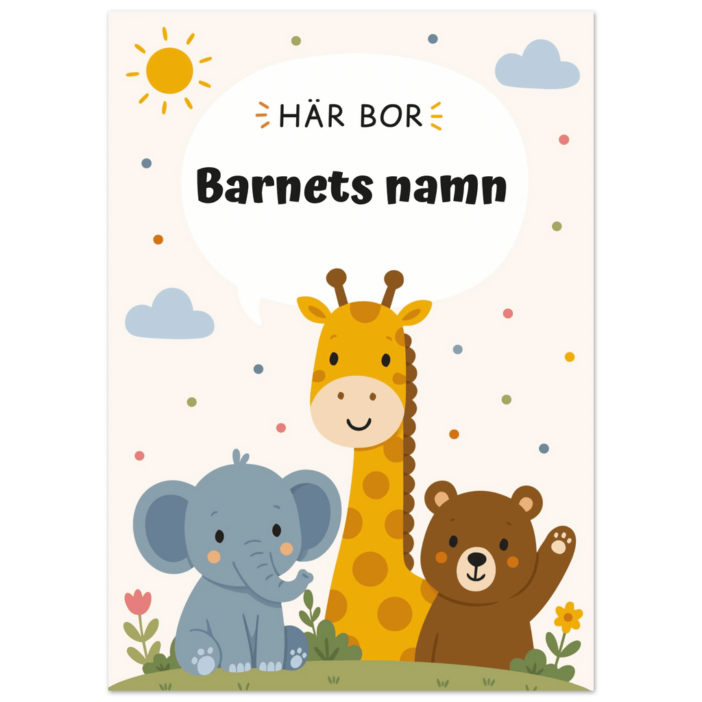 Personlig namnposter med djur – Här bor med svart text poster