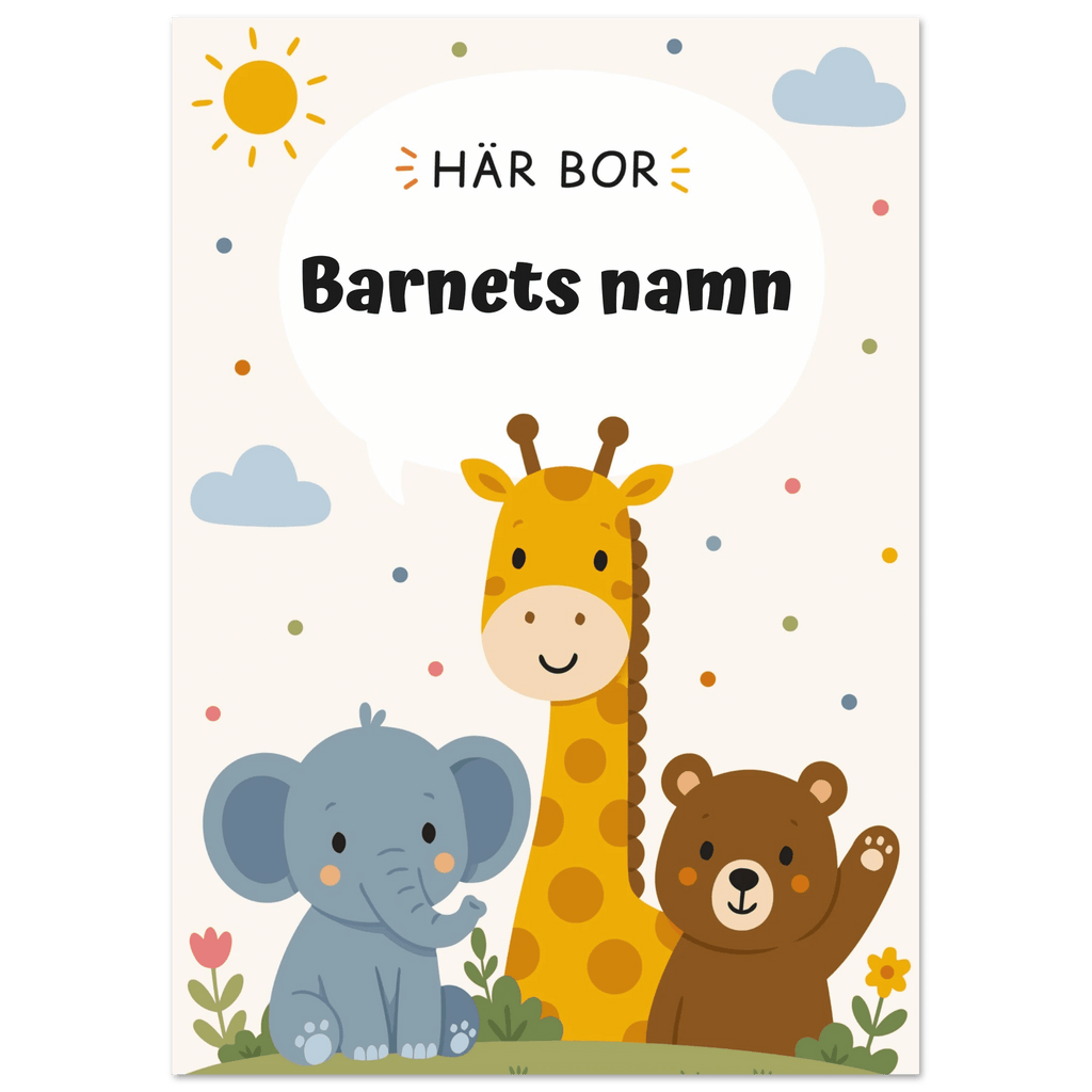 Personlig namnposter med djur – Här bor med svart text poster