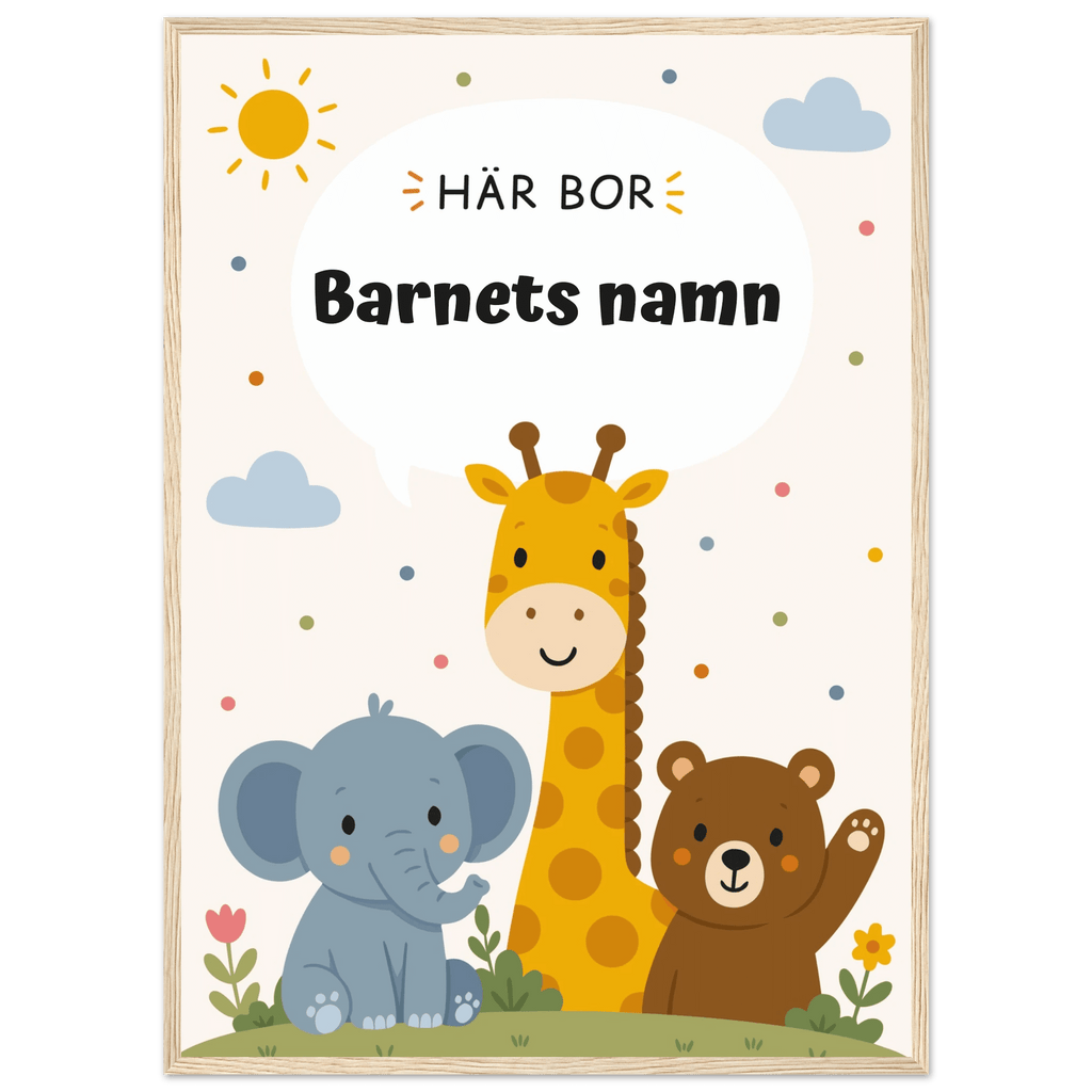 Personlig namnposter med djur – Här bor med svart text poster
