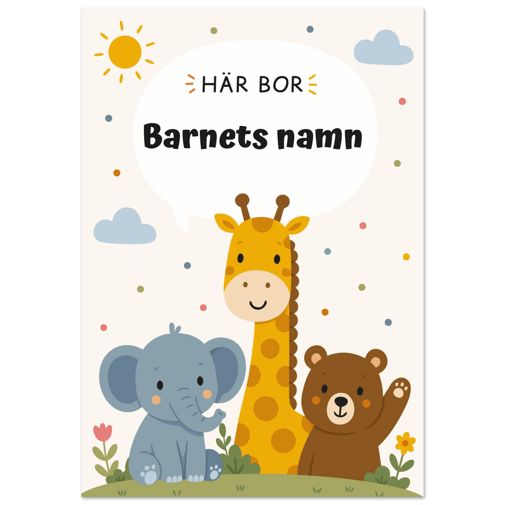 Personlig namnposter med djur – Här bor med svart text poster