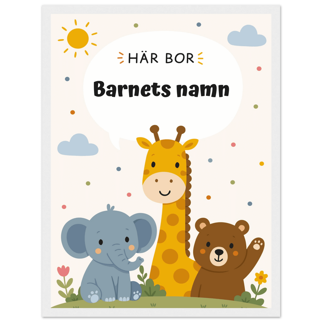 Personlig namnposter med djur – Här bor med svart text poster