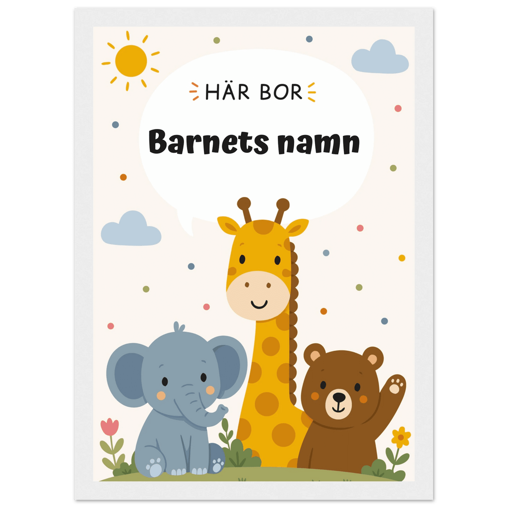 Personlig namnposter med djur – Här bor med svart text poster