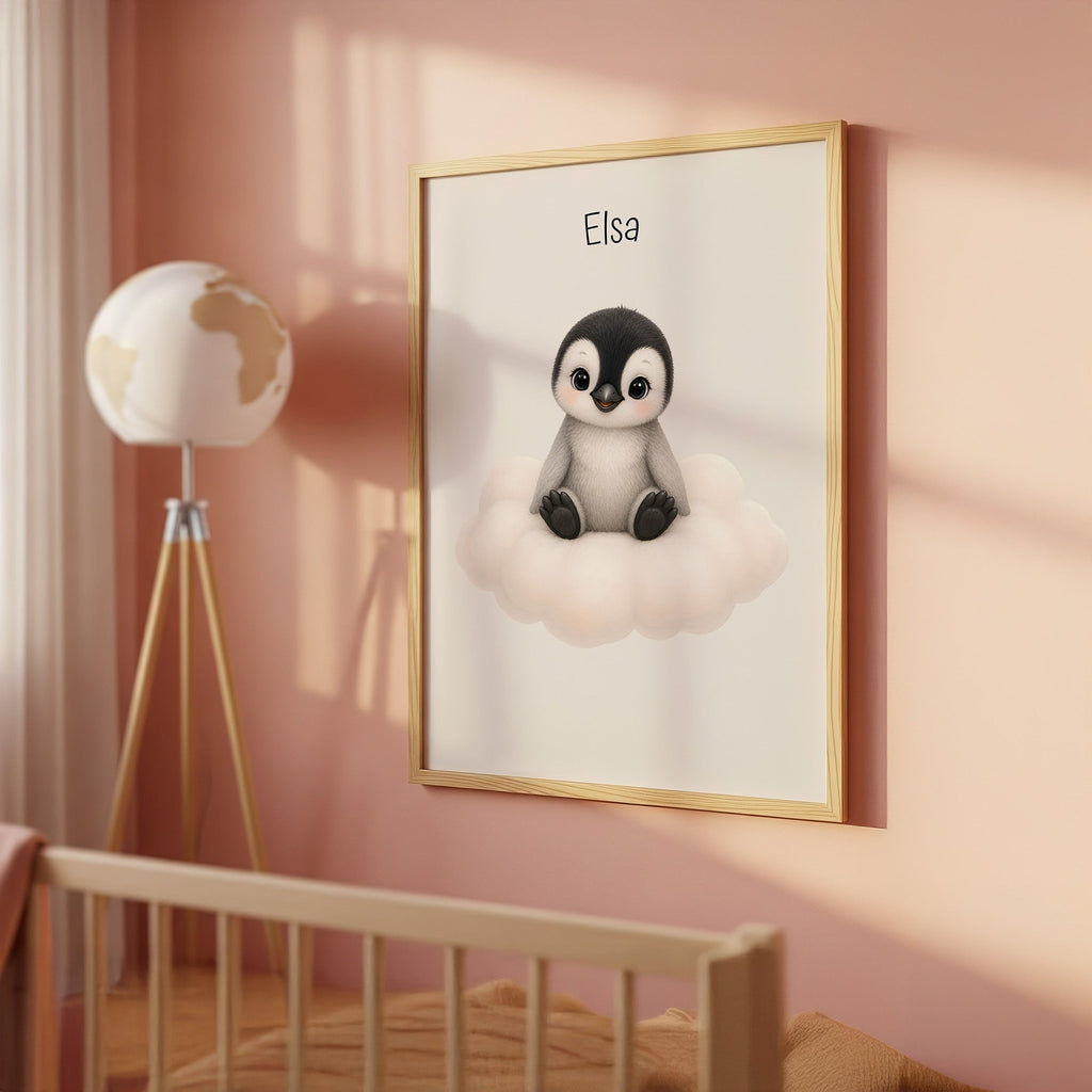 Pingvin på moln med namn poster