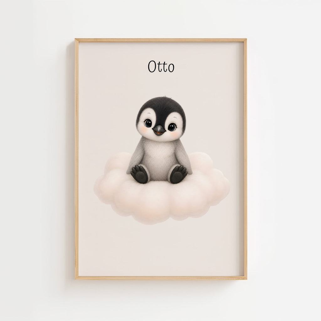 Pingvin på moln med namn poster