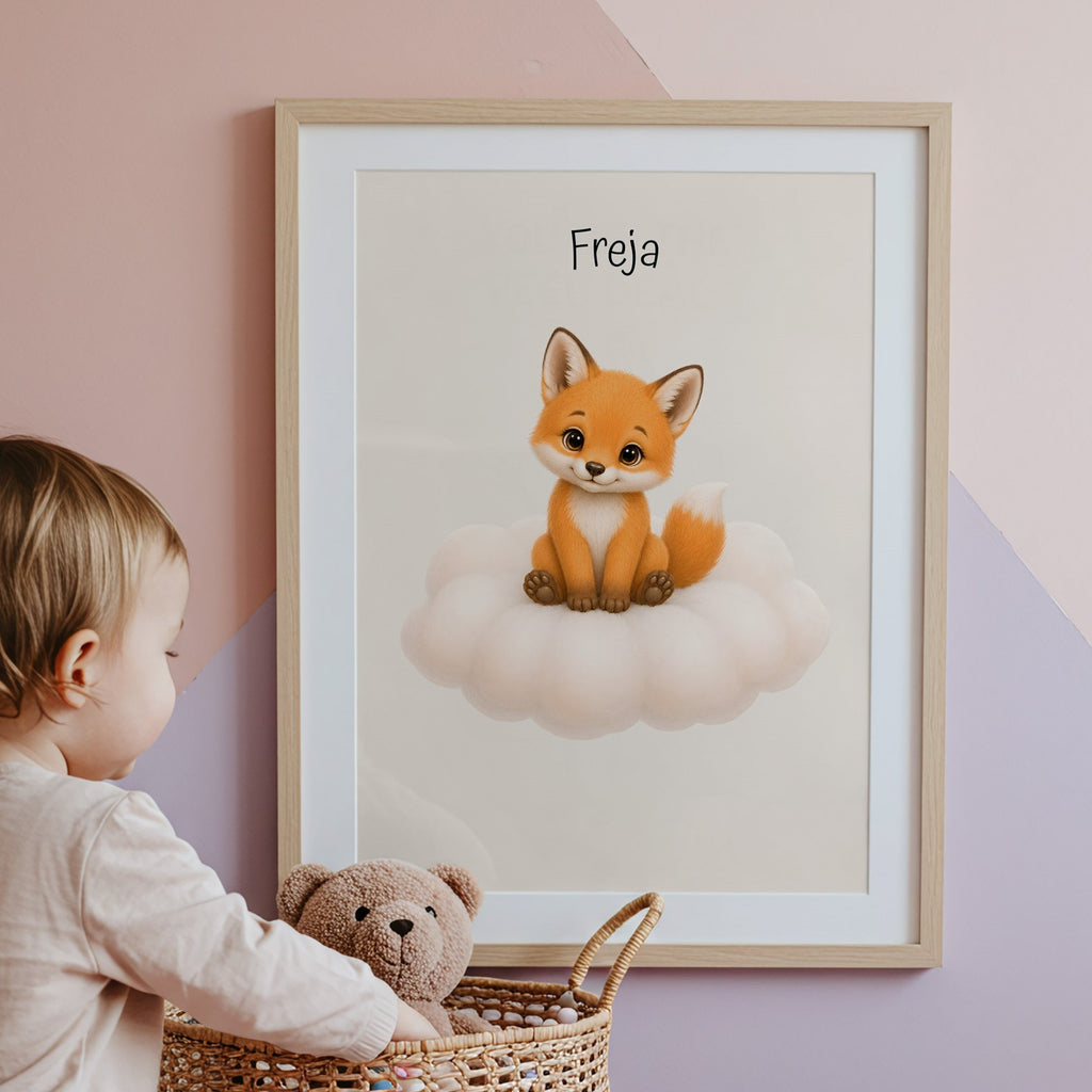 Räv på moln med namn poster