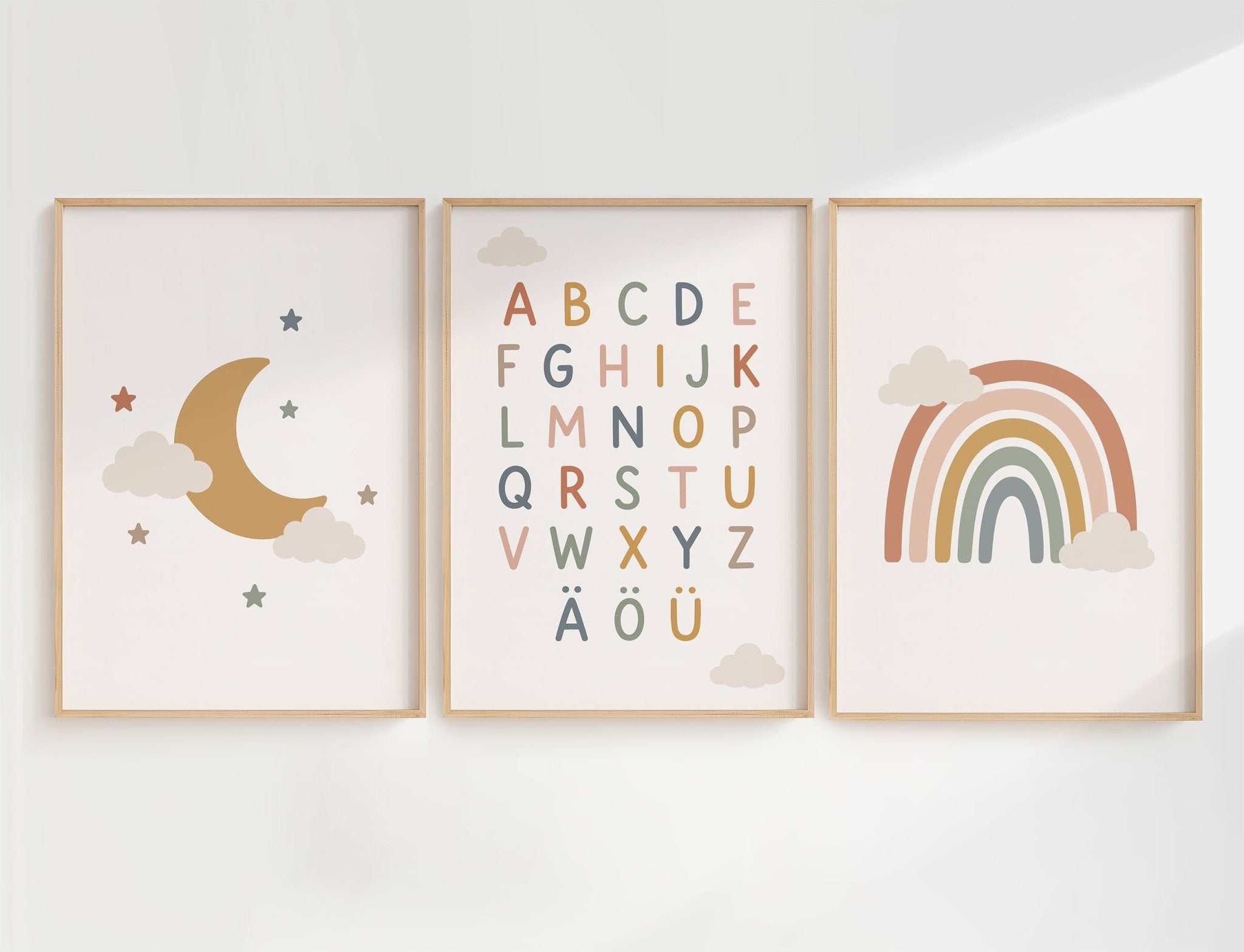 Skandinavisches 3er-Poster-Set für das Kinderzimmer | Regenbogen, Mond & Alphabet poster
