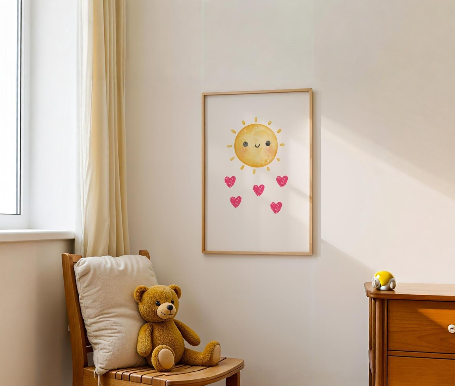 Sol och hjärtan poster för barnrum i verklig miljö